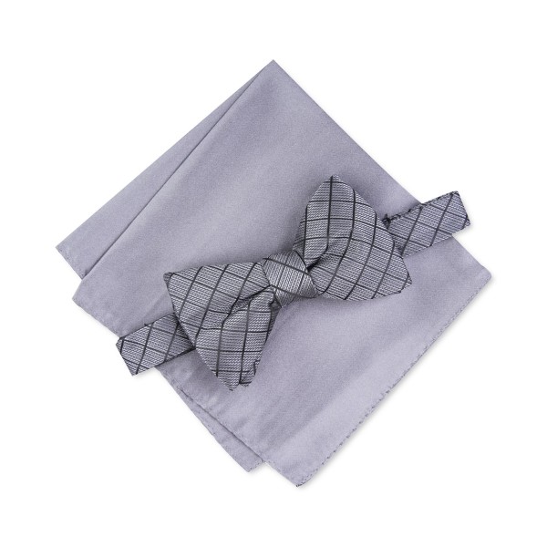 Men's Grid Pre-Tied Bow Tie & Solid Pocket Square Set