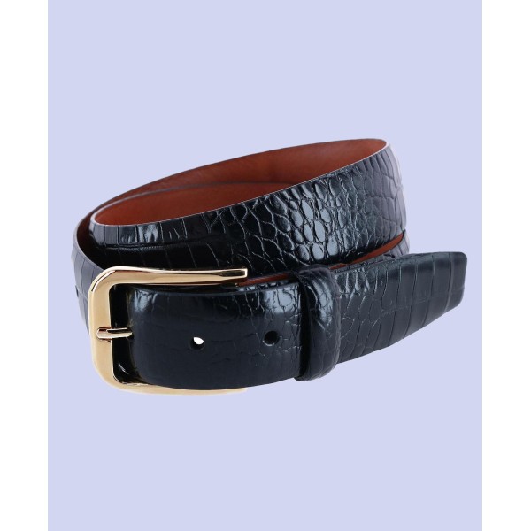 Men's Leather Mock Crocodile Print Belt with Gold Buckle